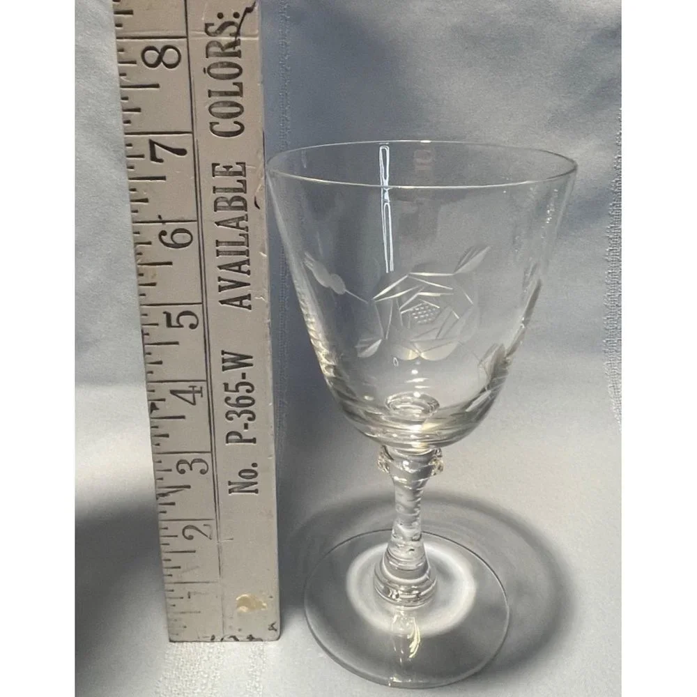 Set of 7 Crystal Rose Etched Iced Tea Glasses Cut Glass Stem Bubbles Vintage - Picture 7 of 10